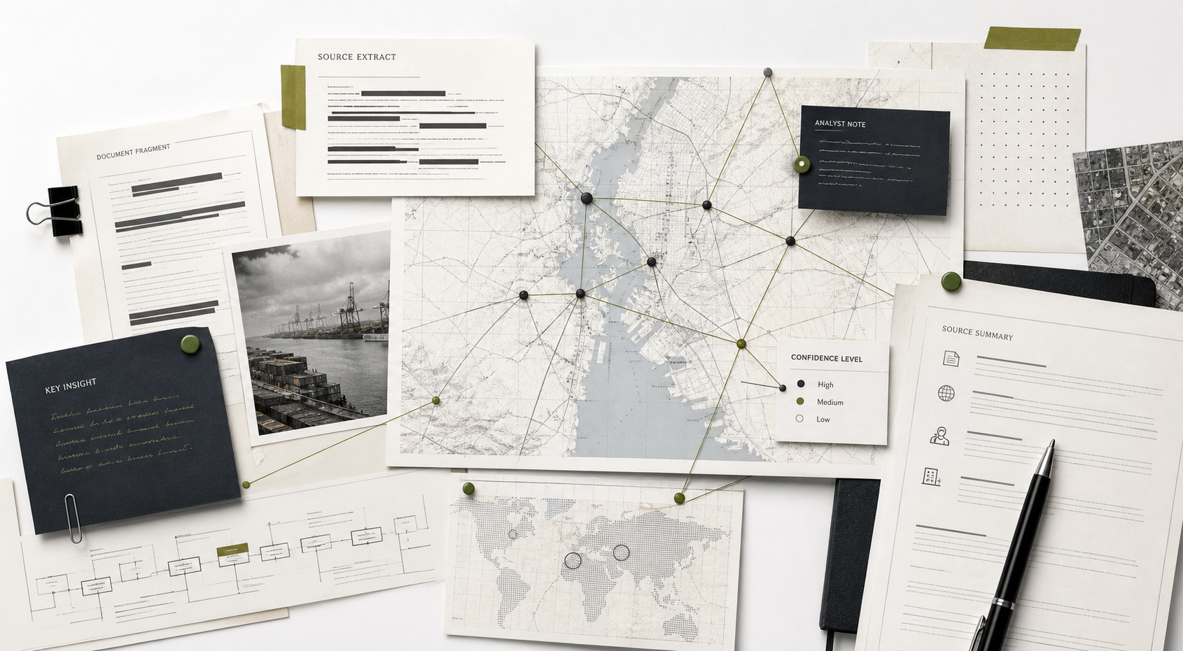 Layered public-source documents, infrastructure maps, and evidence annotations