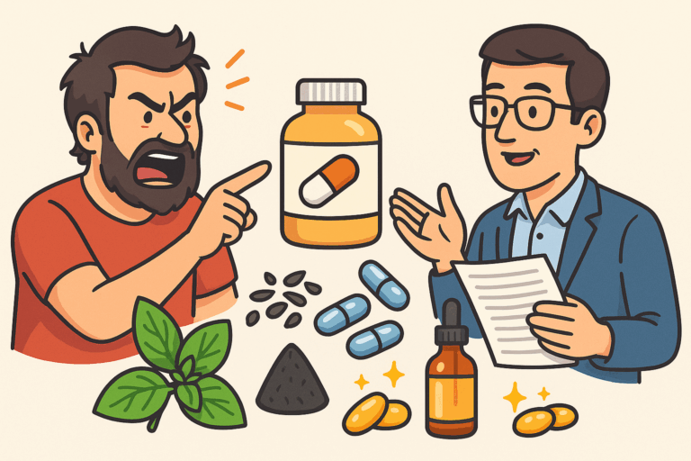 Cartoon illustration of Dave angrily pointing at a pill bottle while Steve calmly discusses natural supplements, with oregano leaves, black cumin seeds, magnesium capsules and a dropper bottle between them