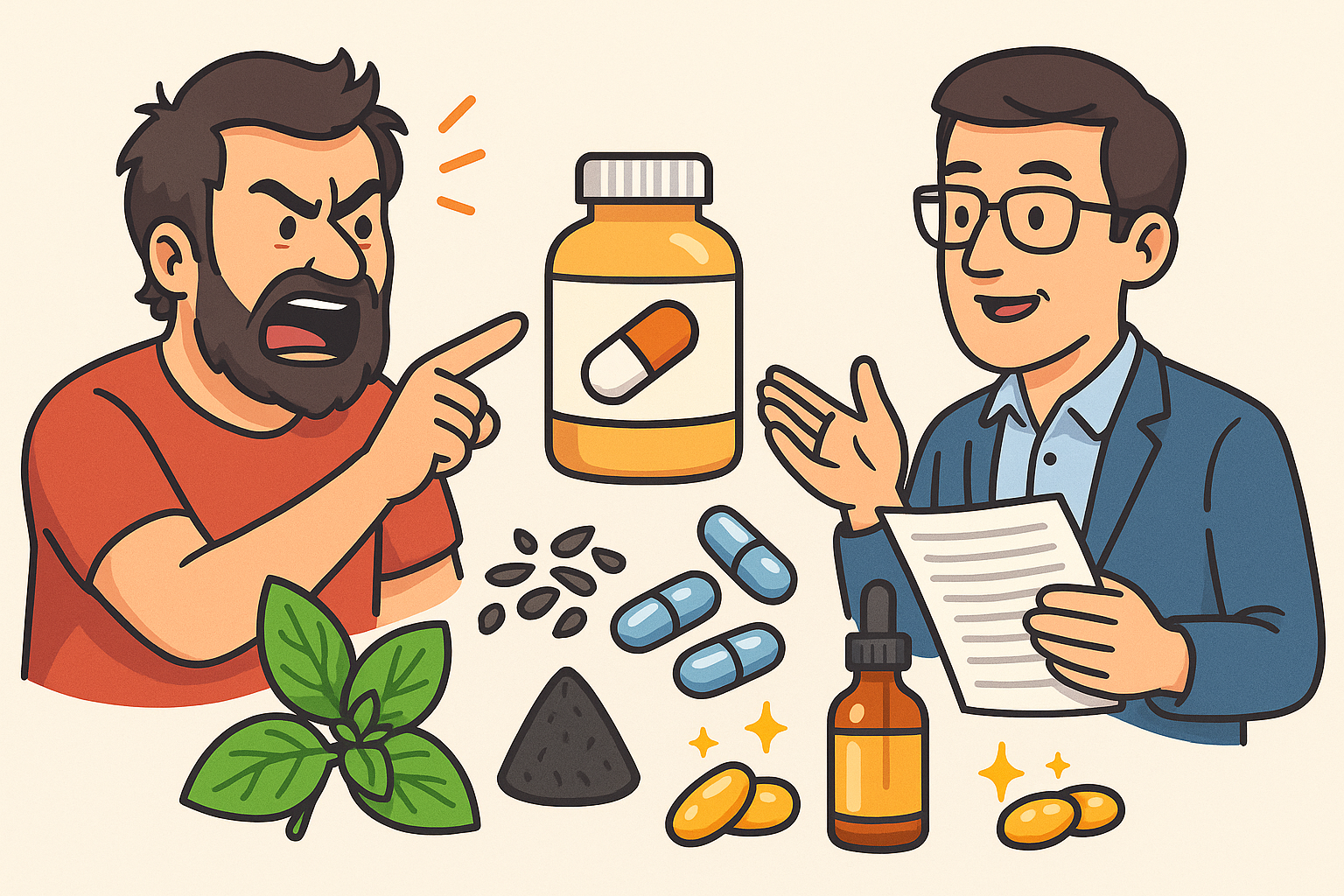 Dave Vs Steve: Supplements Showdown 1 Cartoon illustration of Dave angrily pointing at a pill bottle while Steve calmly discusses natural supplements, with oregano leaves, black cumin seeds, magnesium capsules and a dropper bottle between them