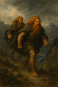 Two red-haired Norse giants with cloaks and beards stride through a rocky, mountainous landscape under stormy skies