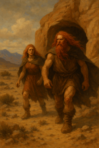 Two red-haired giants, male and female, walking through a Nevada desert landscape near a cave