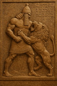 Stylized stone relief of a Mesopotamian hero overpowering a lion with cuneiform inscriptions in the background