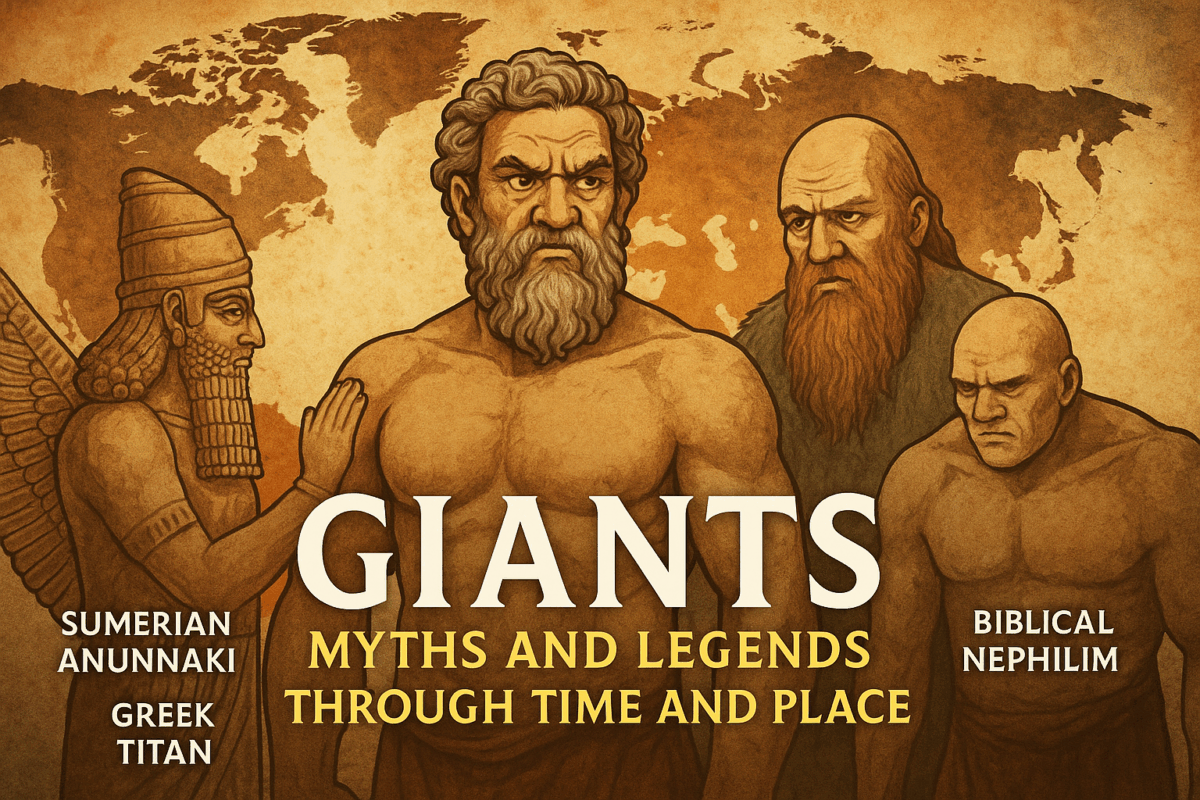 Illustrated lineup of mythic giants including a central Greek Titan, flanked by Anunnaki, Nephilim, and Jötnar