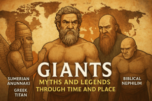 Illustrated lineup of mythic giants including a central Greek Titan, flanked by Anunnaki, Nephilim, and Jötnar