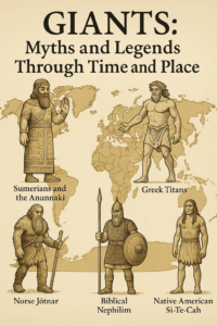 Illustrated world map with figures of giants labeled from five ancient cultures