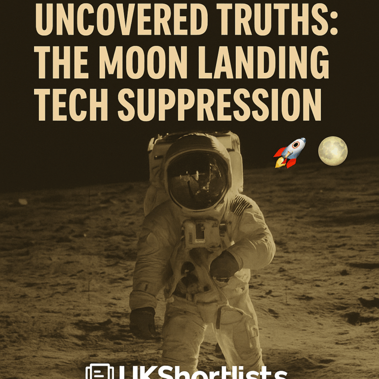A stylised moon landing scene with astronauts and old tech, overlaid with a “Classified” stamp and a glowing rocket silhouette.
