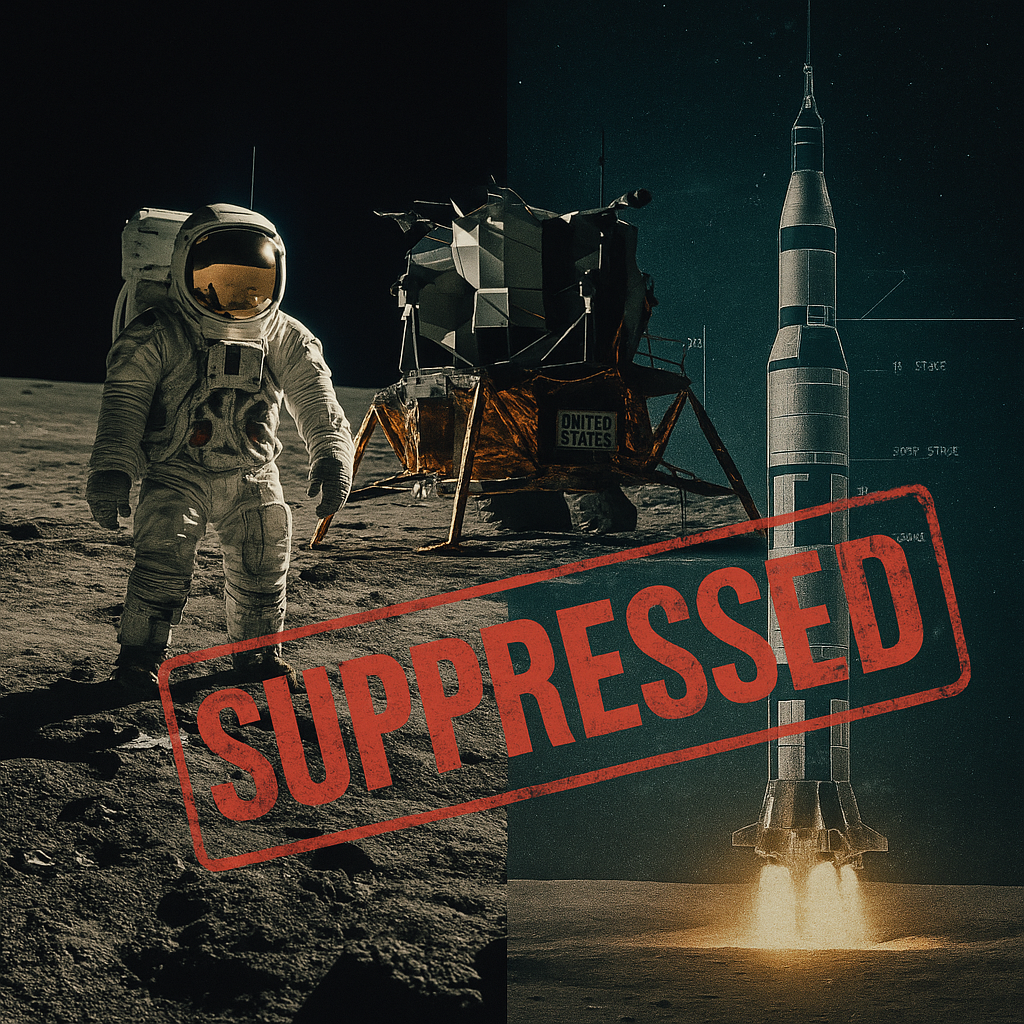 A stylised digital collage featuring astronauts, lunar modules, schematics, and redacted documents—suggesting withheld technology during the Moon landings.