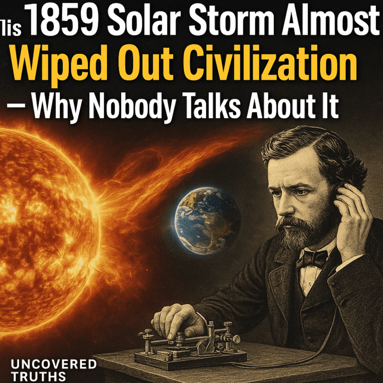 A dramatic solar flare from the Sun heads toward Earth, with a vintage telegraph operator in the foreground reacting.