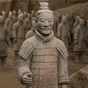 Secrets Of China’s Terracotta Army 2 Close-up of a Terracotta Warrior from Pit 1 in Emperor Qin Shi Huang’s mausoleum, Xi’an, China, with detailed armor and facial features