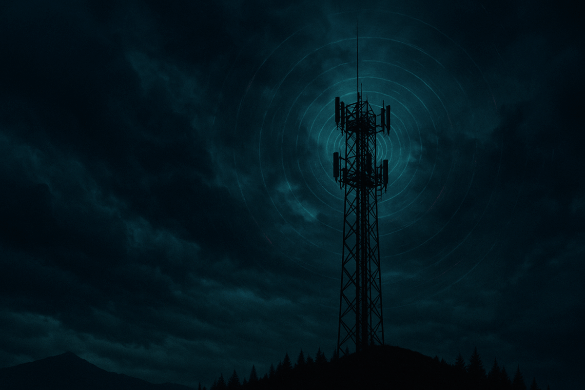 Silhouetted telecom tower on a forested ridge near Mount Hood, framed by storm-dark clouds and faint concentric waves of energy radiating from the antennas, in a moody teal-blue twilight palette.