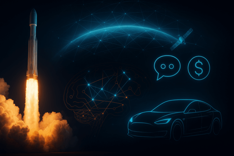 Home 1 Composite of rocket launch, satellite network map, EV silhouette and chat bubbles—Musk’s ‘sovereignty stack